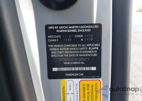 2008 Aston Martin V8 Vantage z USA, uszkodzony, nr VIN SCFBB04B78GD09017